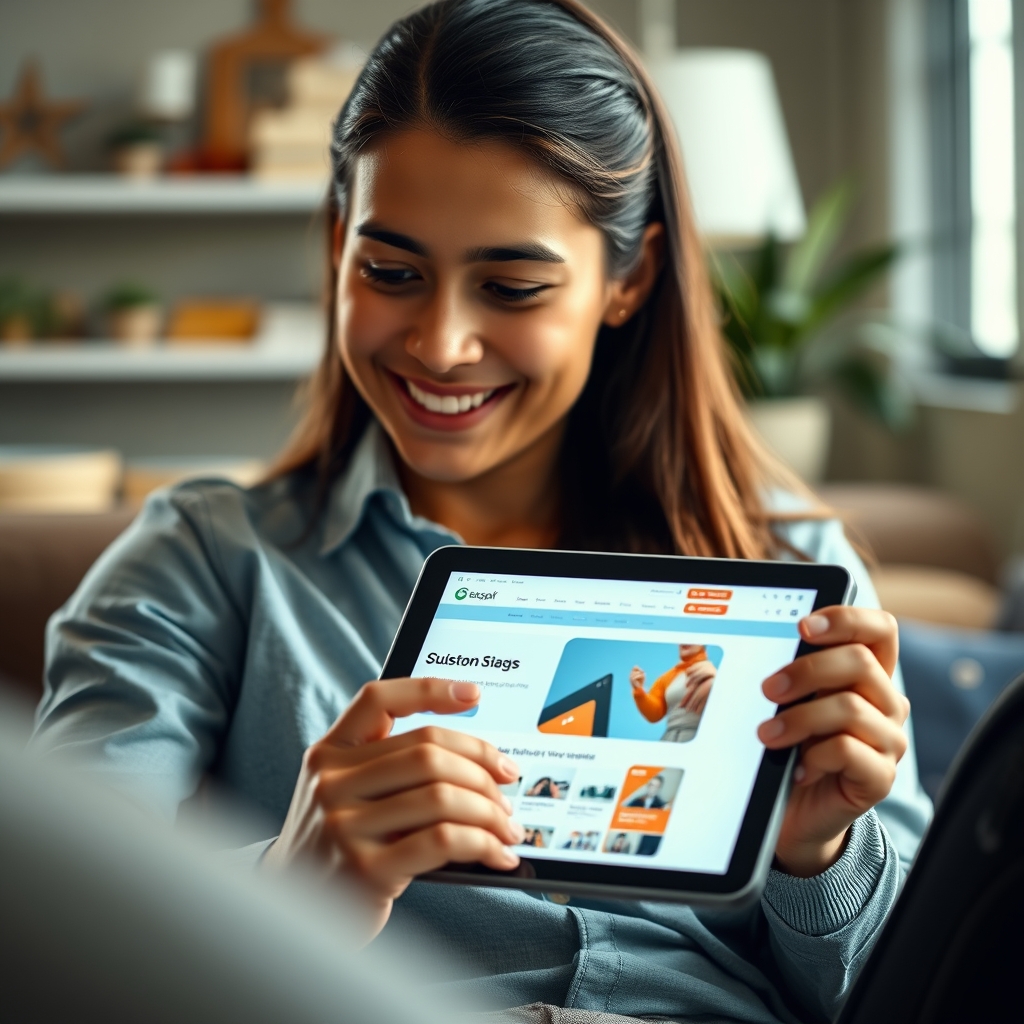 A person smiling while using a tablet, their screen showing a beautifully customized website interface that feels personal and engaging.