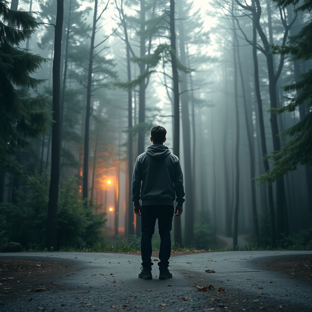 A person standing at a crossroads in a serene forest, looking thoughtfully at two paths, one brightly lit and crowded, the other quieter and winding into beautiful misty woods.