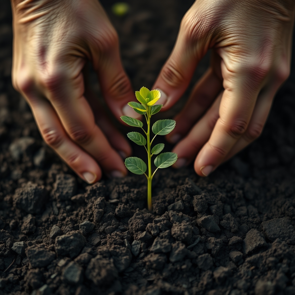 A close-up of hands planting a small, glowing sapling into rich, dark soil, symbolizing laying a strong foundation.