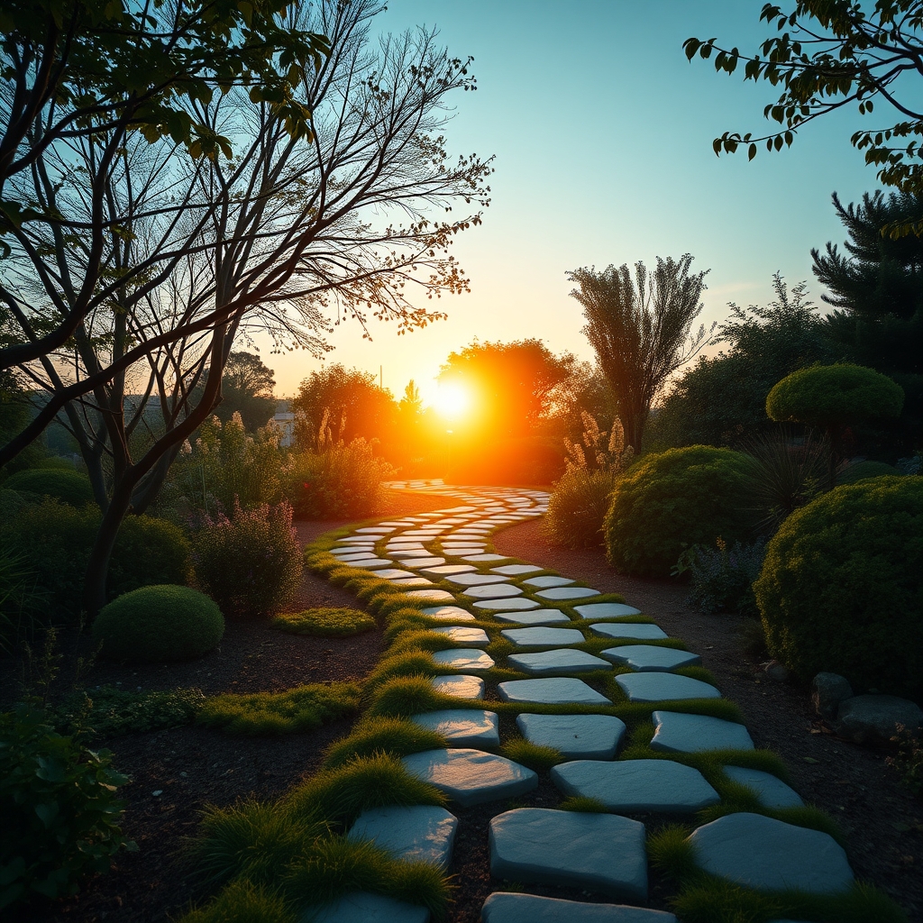 A winding stone path through a peaceful garden, leading towards a warm, inviting light in the distance, representing sustainable long-term growth.