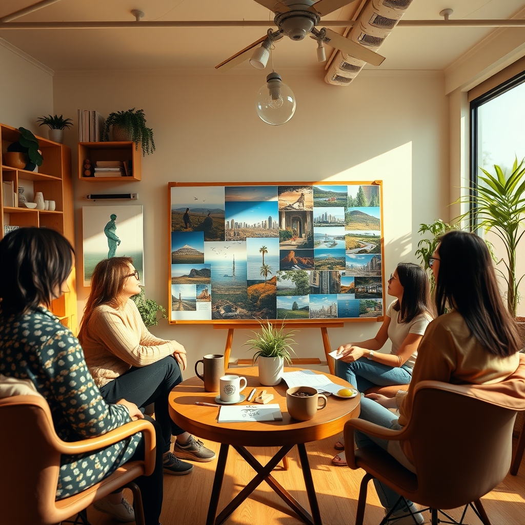 A cozy, sunlit studio where a small team is brainstorming around a mood board filled with images representing growth, future cities, and nature. The atmosphere is warm and full of creative energy.