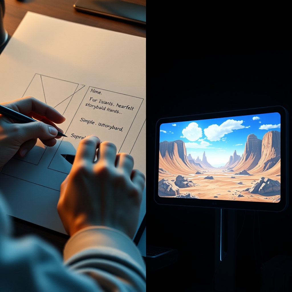A split-screen visual. Left side shows current hands sketching a simple, heartfelt storyboard. Right side shows a sleek, futuristic screen displaying a beautifully rendered scene from that storyboard, symbolizing the realization of the vision.