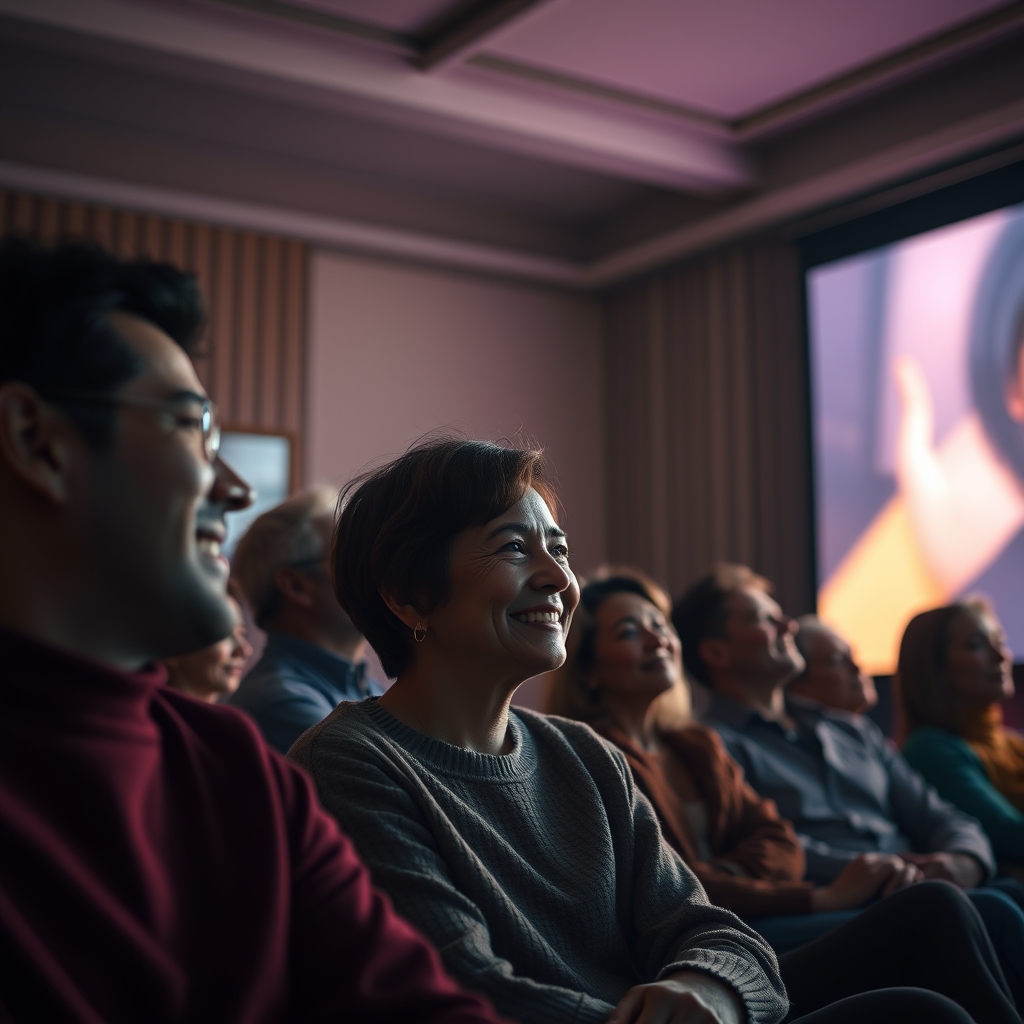 A warm, intimate scene of diverse people watching the finished video on a large screen in a softly lit room. Their faces are illuminated by the screen, showing expressions of hope, nostalgia, and inspiration, with some smiling and others thoughtful.