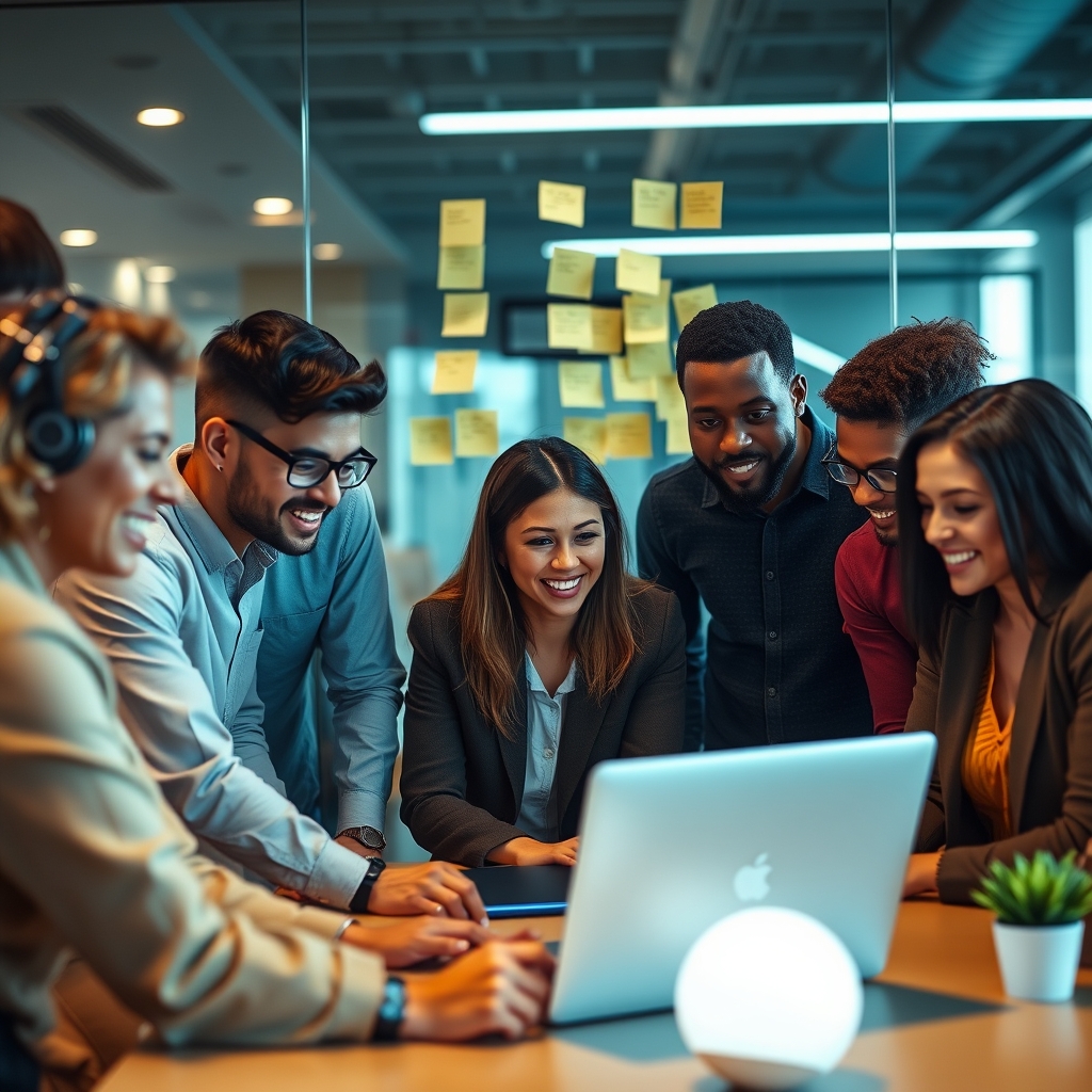 A diverse team huddled around a laptop, looking at social media analytics on a bright screen, with sticky notes of customer feedback on a glass wall behind them.