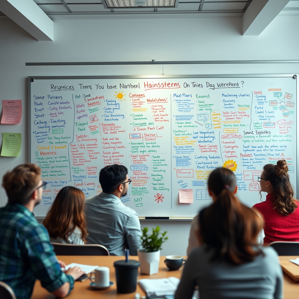 A creative workspace with a brainstorm in progress, a whiteboard full of colorful ideas, some crossed out, with a sense of dynamic energy and collaboration.