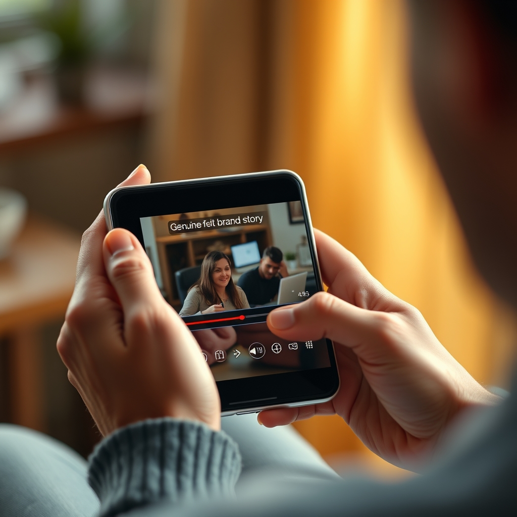 A close-up of hands holding a smartphone showing a genuine, heartfelt brand story video, with a warm, natural light setting.