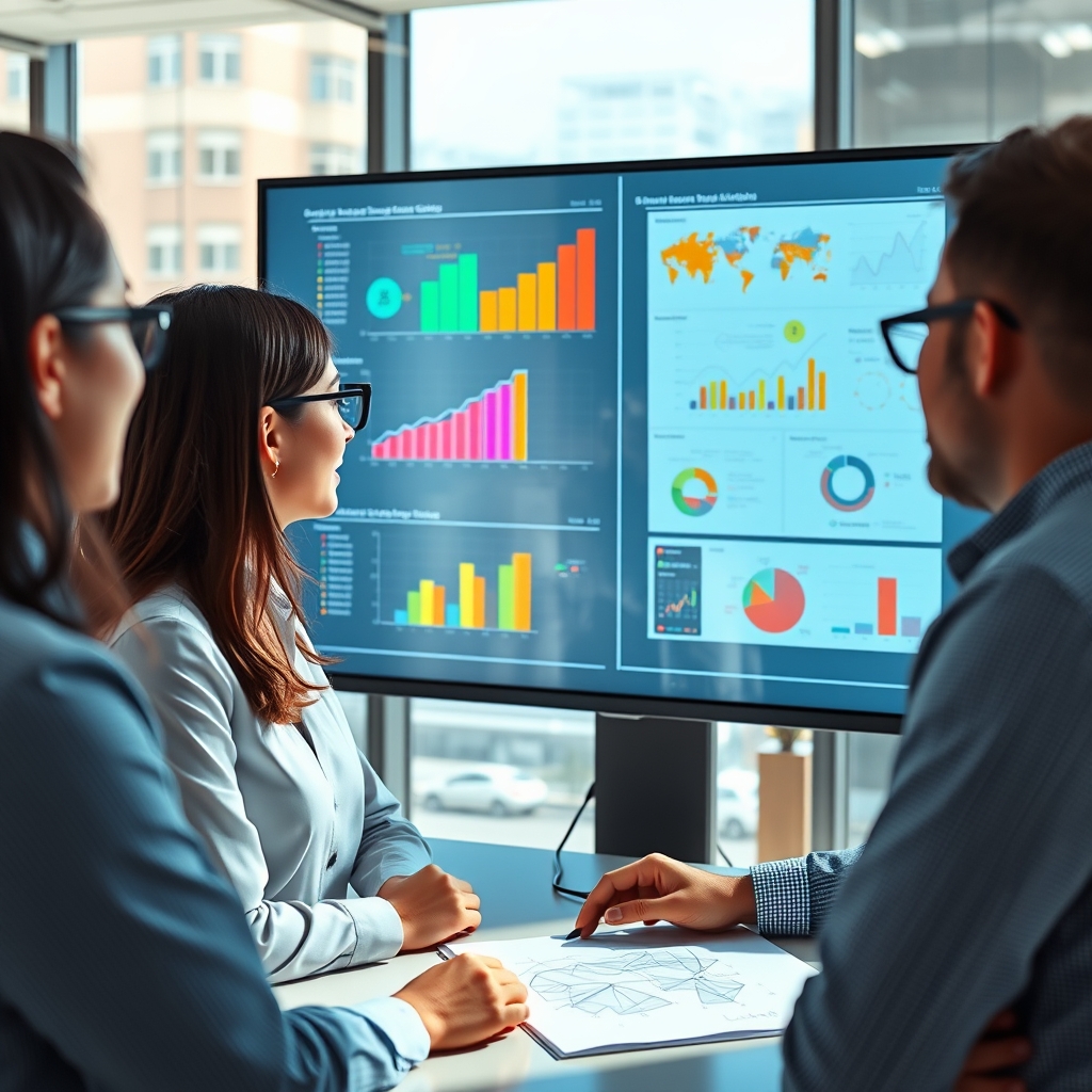 A modern marketing team in a bright office, looking at a large screen displaying colorful AI-generated data analytics and human-drawn strategy sketches side by side.