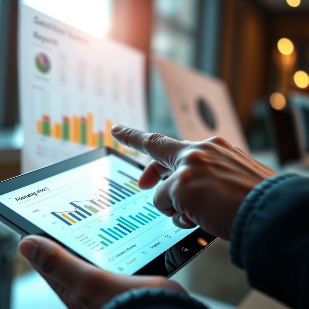 A marketer's hand pointing at a specific data point on a tablet, with an AI-generated report in the background, symbolizing human choice from AI suggestions.