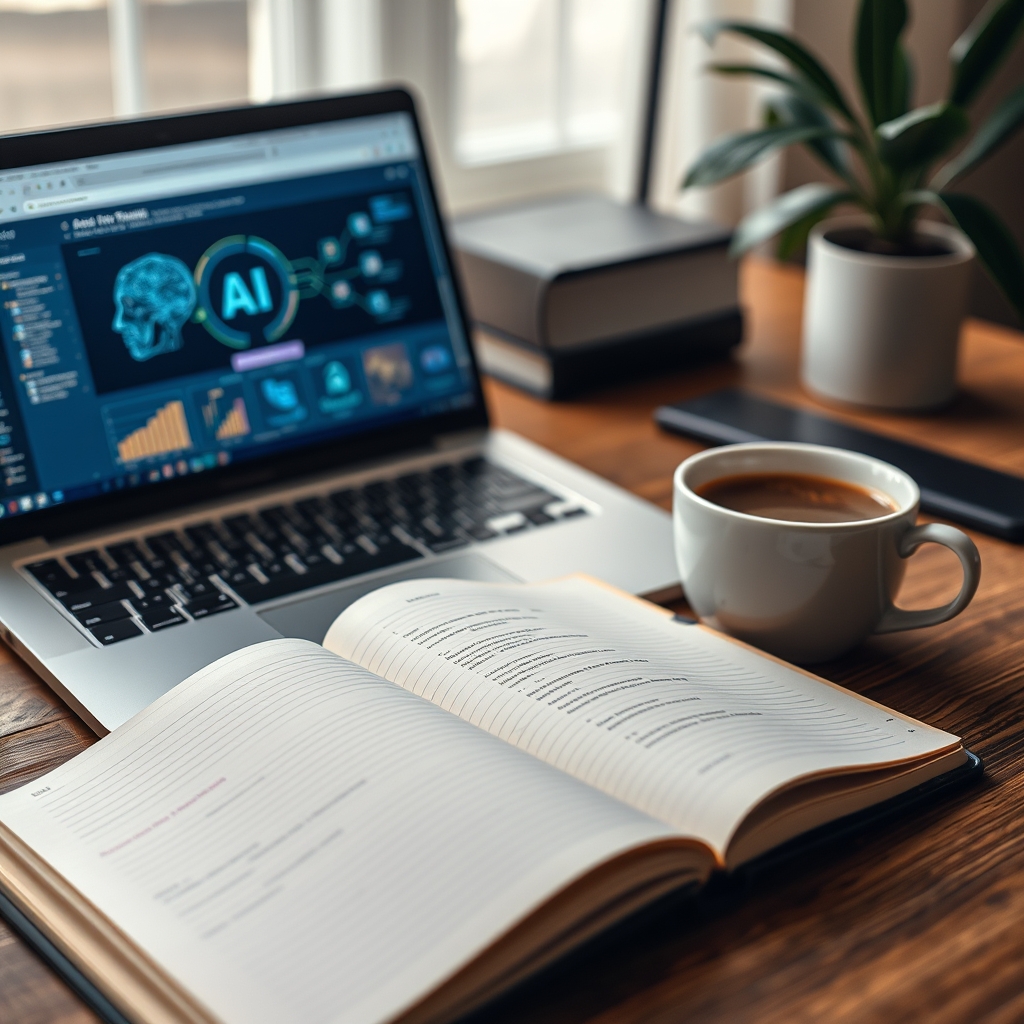 A cozy workspace with a notebook open next to a laptop showing AI tools, a cup of coffee, symbolizing the harmonious blend of human touch and technology.