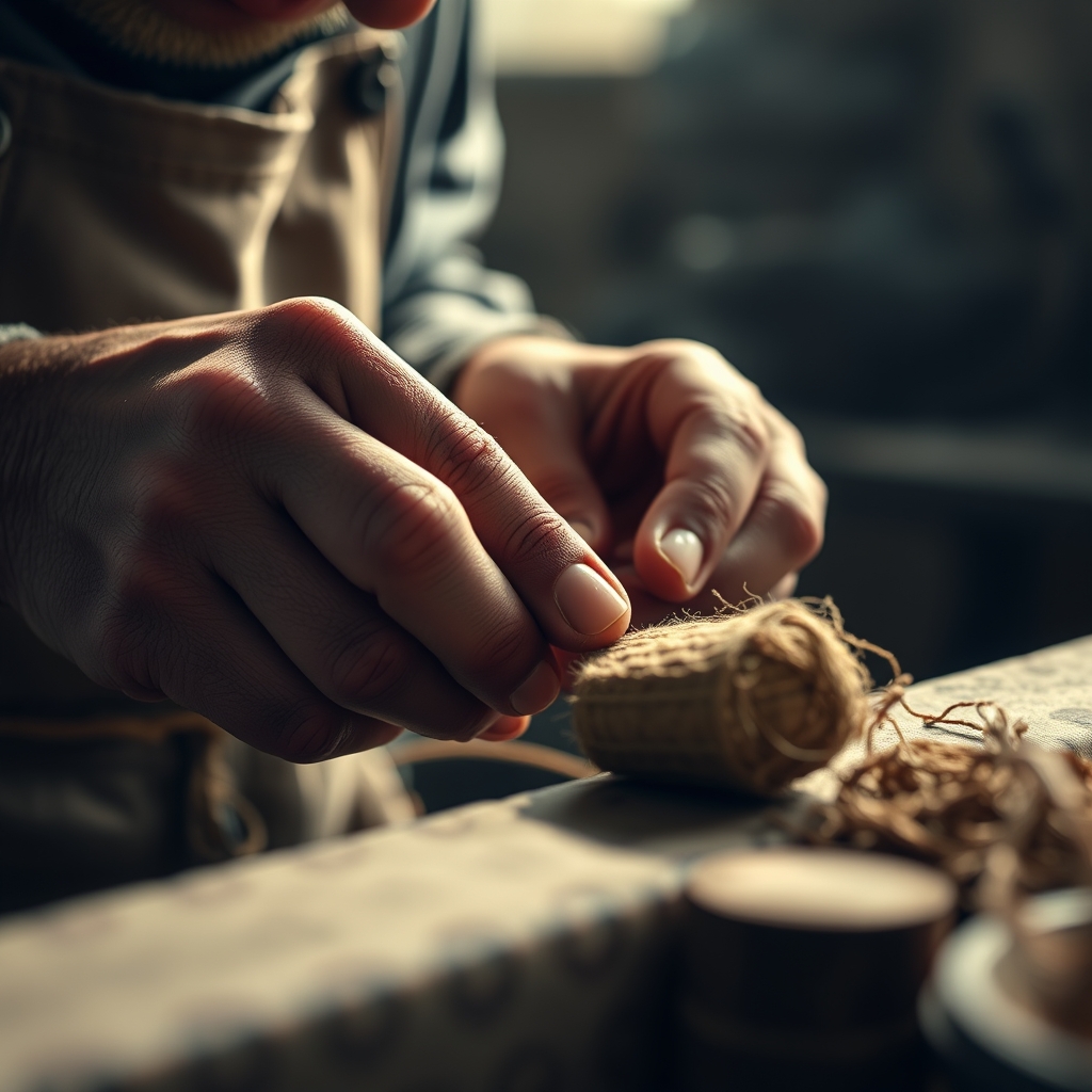 A close-up, intimate shot of artisan hands carefully crafting a product, with soft natural light highlighting the texture and detail, conveying authenticity and passion.