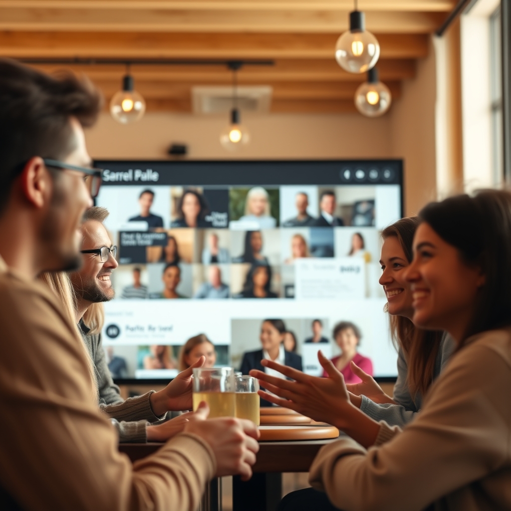 A warm, inviting scene of a brand community event or a cozy online chat interface, showing genuine smiles and interaction between the brand team and customers.