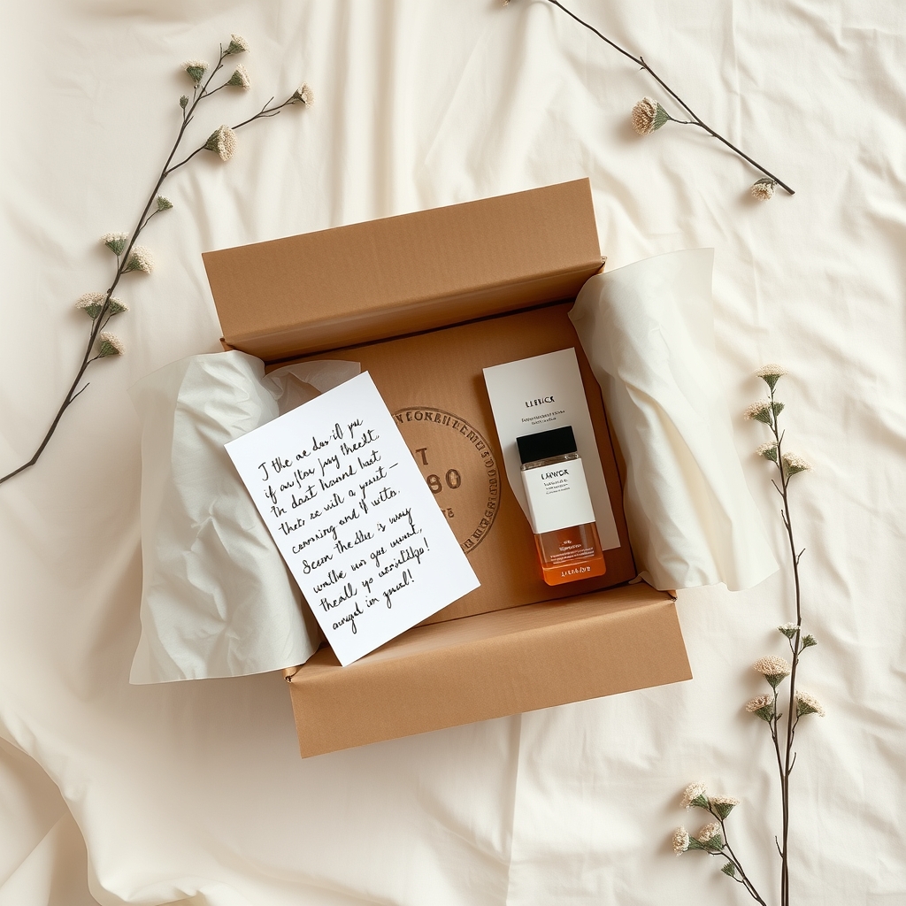 A beautifully styled flat lay of an unboxing experience, showing thoughtful packaging, a handwritten note, and the product in a serene, aesthetically pleasing setting.