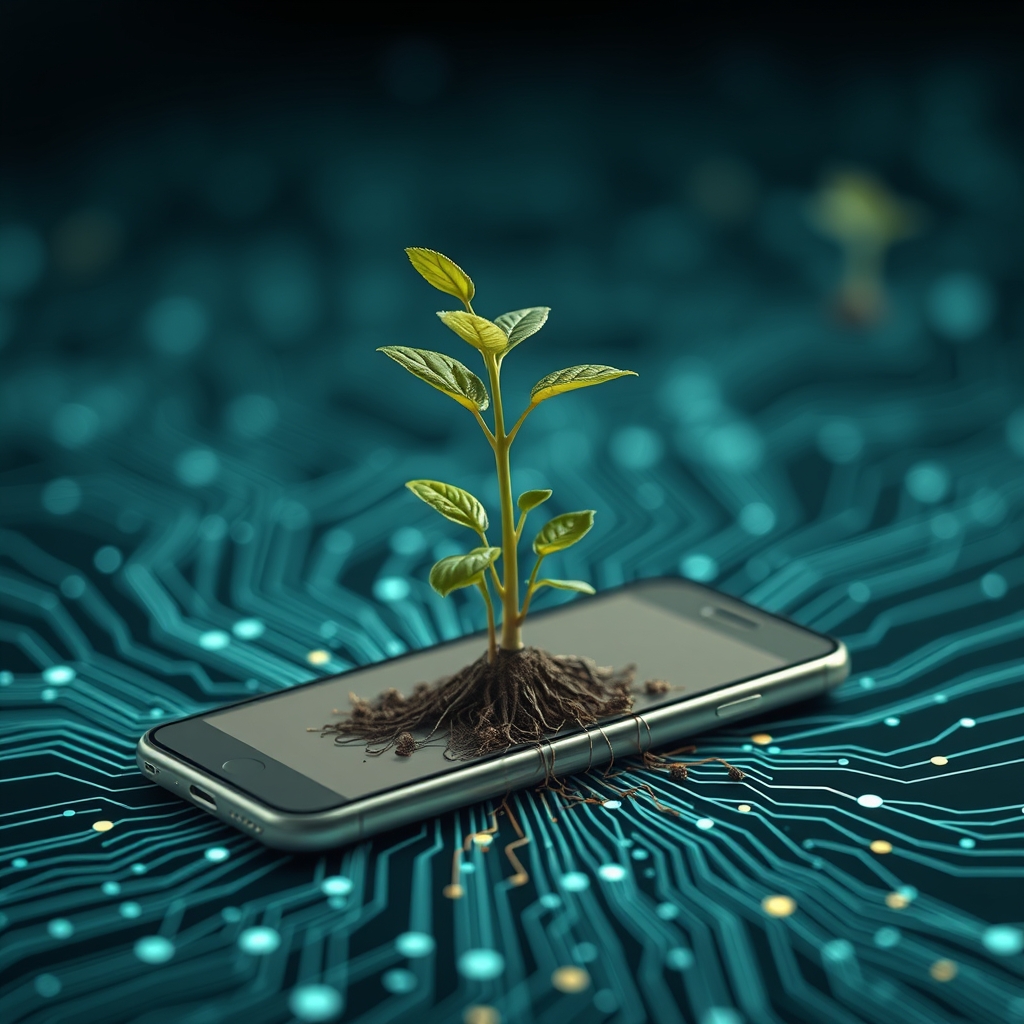 A plant sprouting from a smartphone screen, with its roots visibly spreading into a network of lines and data points below, symbolizing growth from digital content.