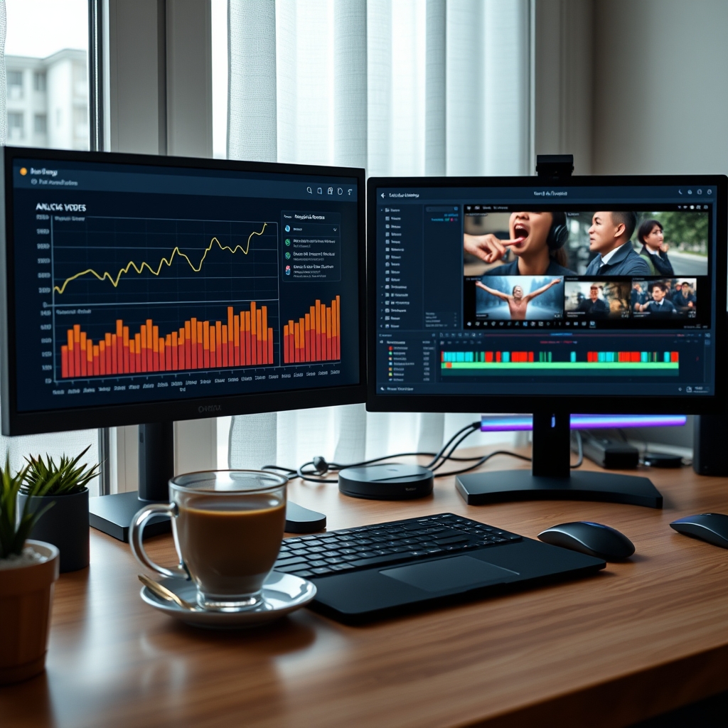 A cozy, modern workspace with dual monitors, one showing a video analytics dashboard with growing graphs, and the other showing a video editing timeline, with a cup of warm coffee beside it.