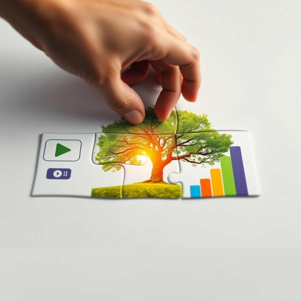 A hand placing the last piece of a puzzle that completes a picture of a thriving tree. The other puzzle pieces are shaped like video play buttons, social media icons, and bar charts.