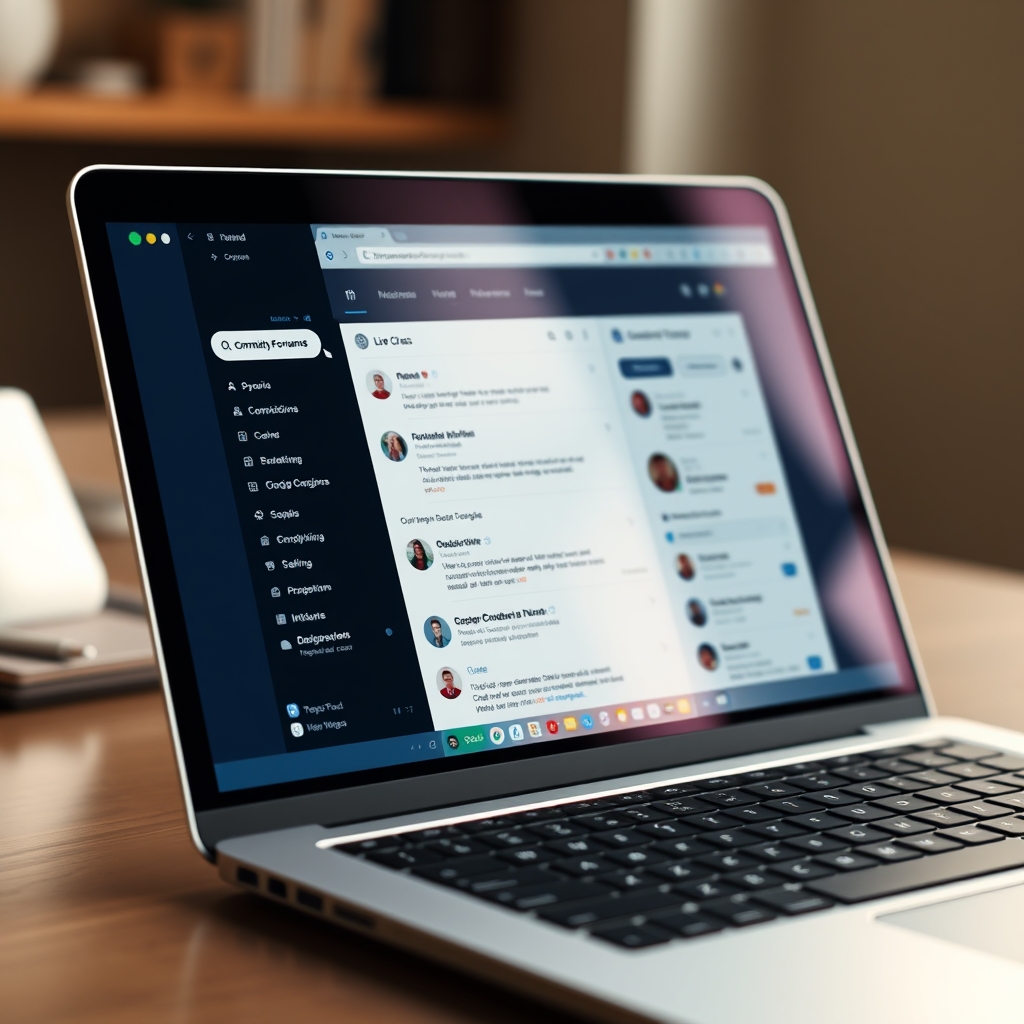 A sleek, modern website interface on a laptop screen, with interactive elements like live chat bubbles and community forums visibly active, suggesting two-way communication.
