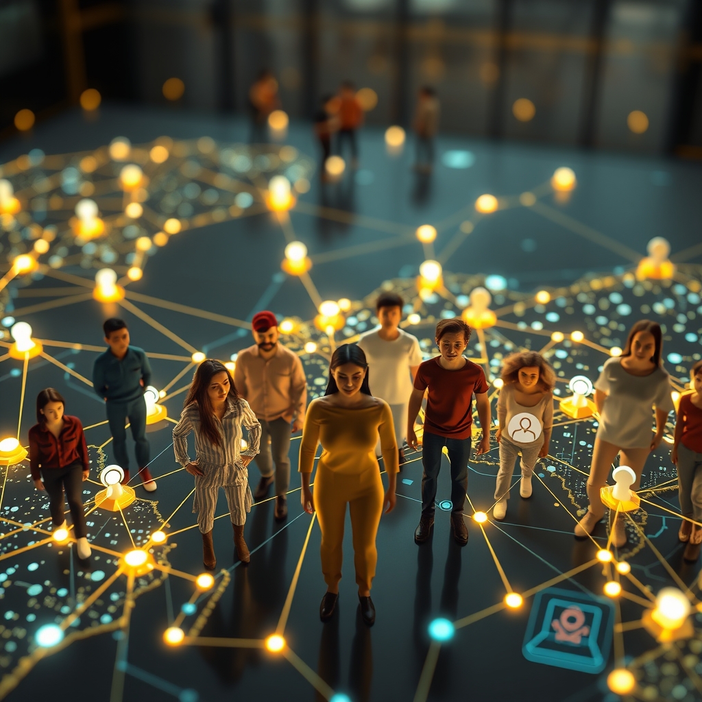 A diverse group of people connected by glowing lines on a digital map, representing a community interacting within a branded platform, with icons for chat, share, and collaborate.