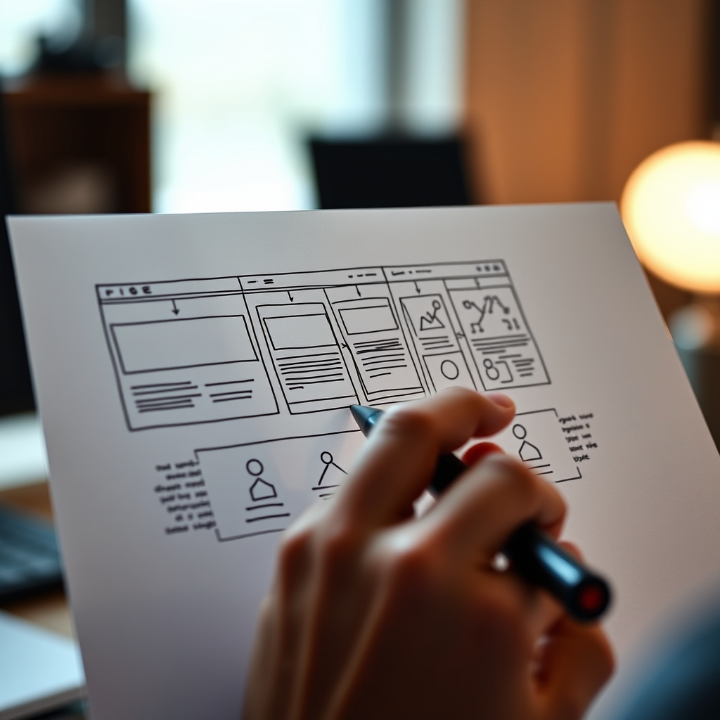 A close-up of a designer's hand sketching a website wireframe that evolves from static pages to dynamic, user-connected modules, symbolizing the journey from website to platform.