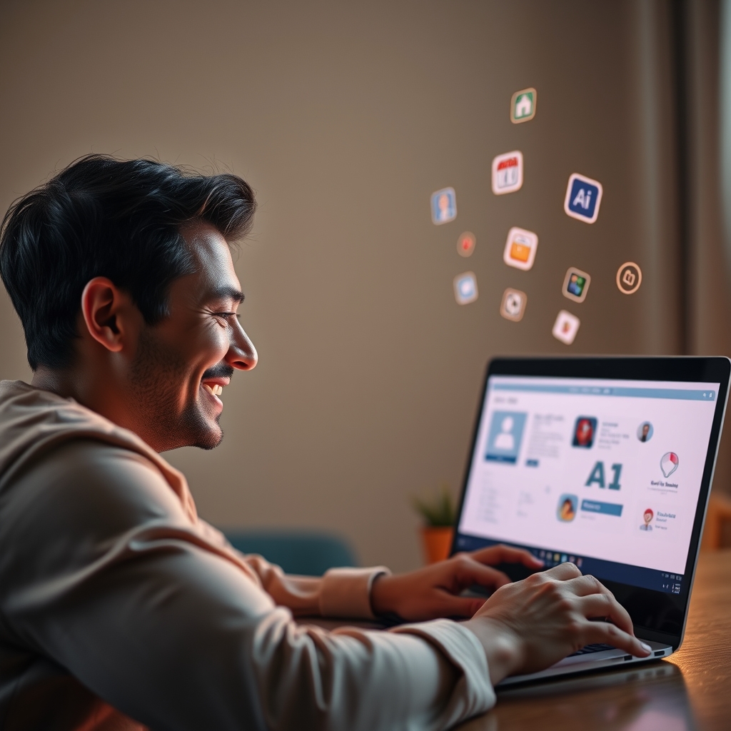 A person smiling at a laptop screen showing a simple AI video tool interface, with creative icons floating around. Warm, encouraging lighting.