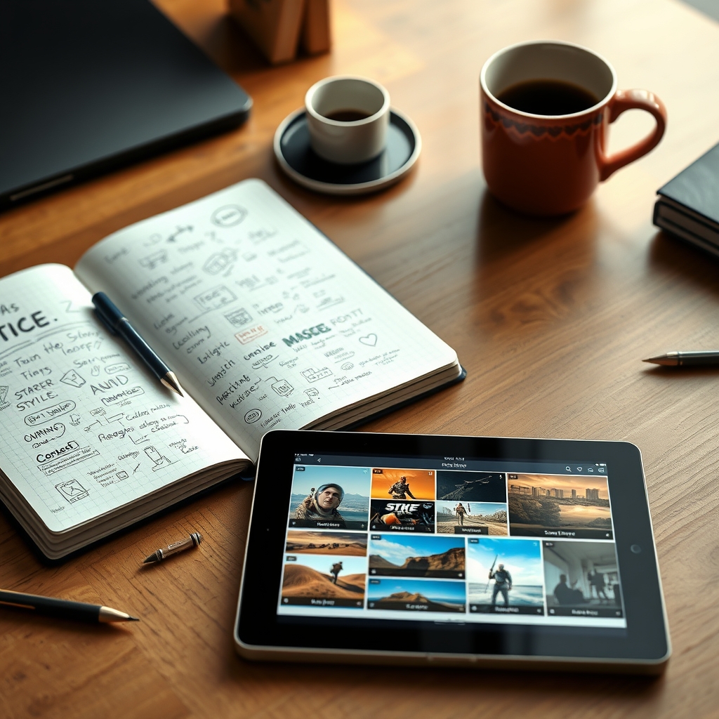 A creative workspace with a notebook full of ideas, a cup of coffee, and a tablet showing an AI generating multiple visual styles for one story concept.
