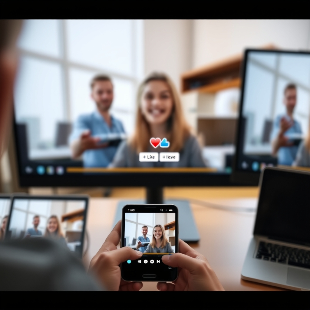 A finished, polished AI video being shared on multiple screens (phone, laptop, monitor), with heart and like reactions popping up. Symbolizing connection and communication.