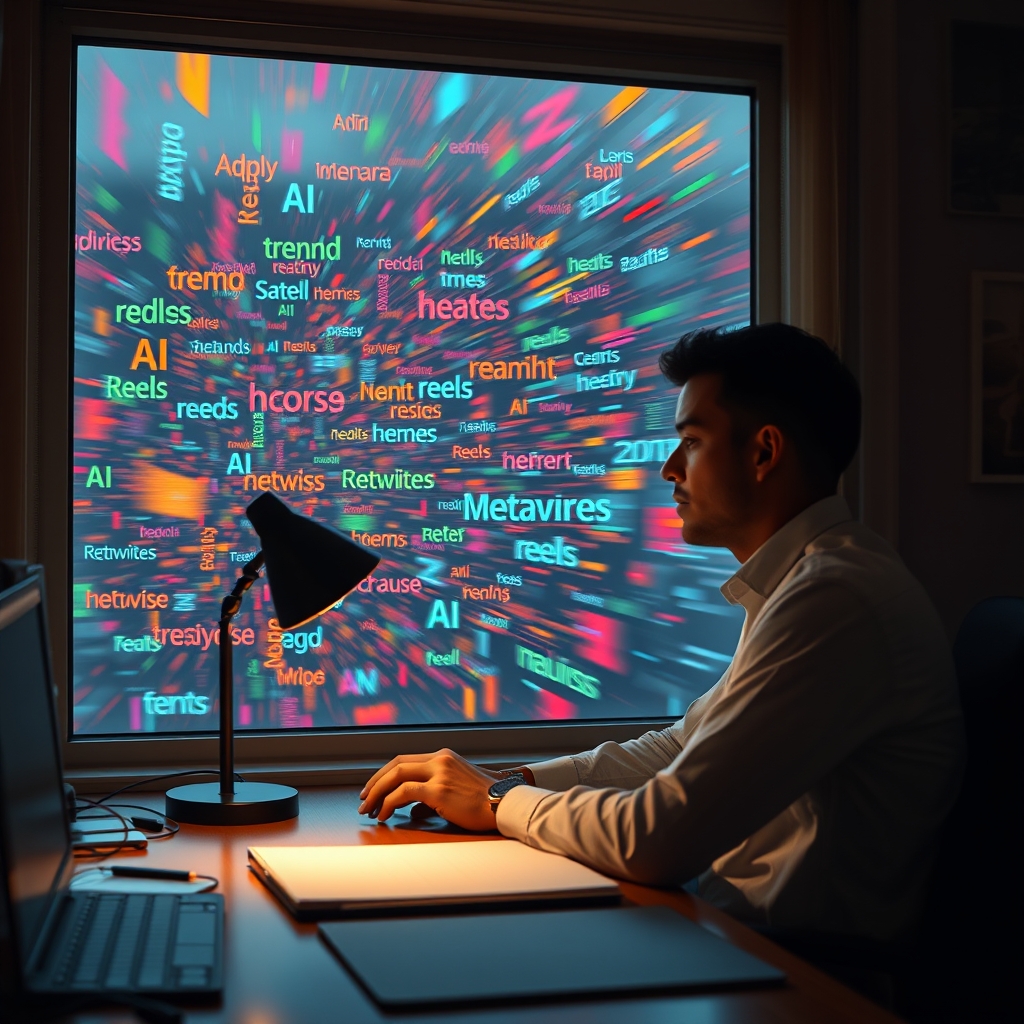 A person sitting calmly at a desk with a single focused lamp light, while outside the window a chaotic storm of colorful trend keywords like AI, Reels, Metaverse swirls past.
