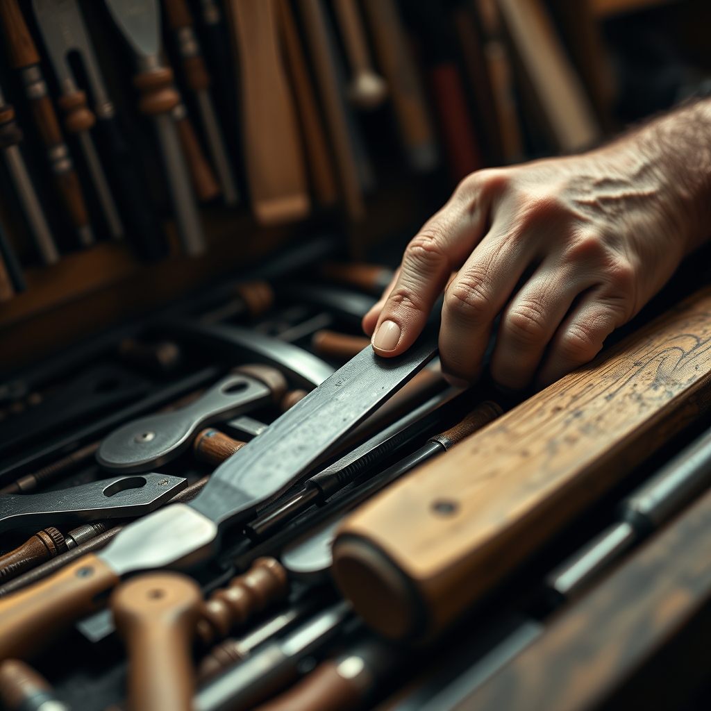 A close-up of a craftsman's hands carefully selecting the right tool from a crowded, shiny toolbox, focusing on one perfect chisel.