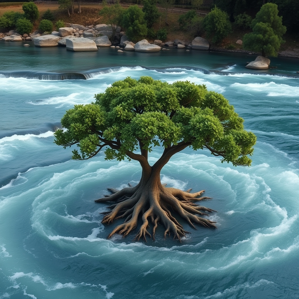 A serene, deep-rooted tree standing firm in the middle of a fast-flowing river, symbolizing stability amidst change.