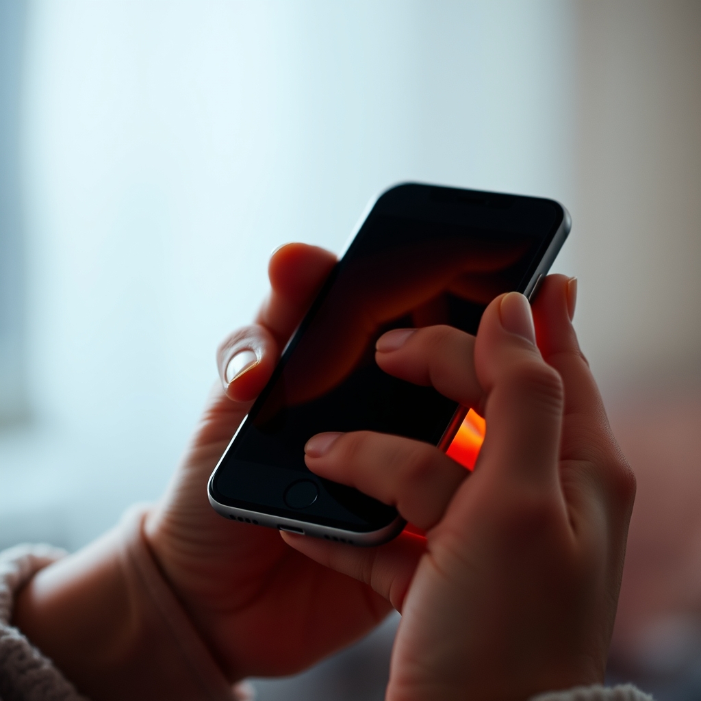 A close-up of human hands gently cradling a smartphone, with a warm, soft glow emanating from the screen, symbolizing care and connection.