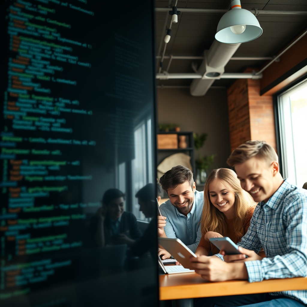 A split-screen image showing on one side, lines of code on a dark screen, and on the other, a diverse group of people smiling and connecting through their devices in a cozy cafe setting.