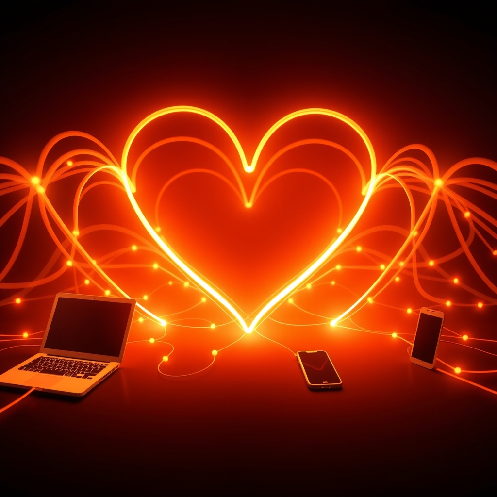 An abstract, heart-shaped network of light pulses flowing between devices like laptops, tablets, and phones, set against a dark background, representing warm digital connections.