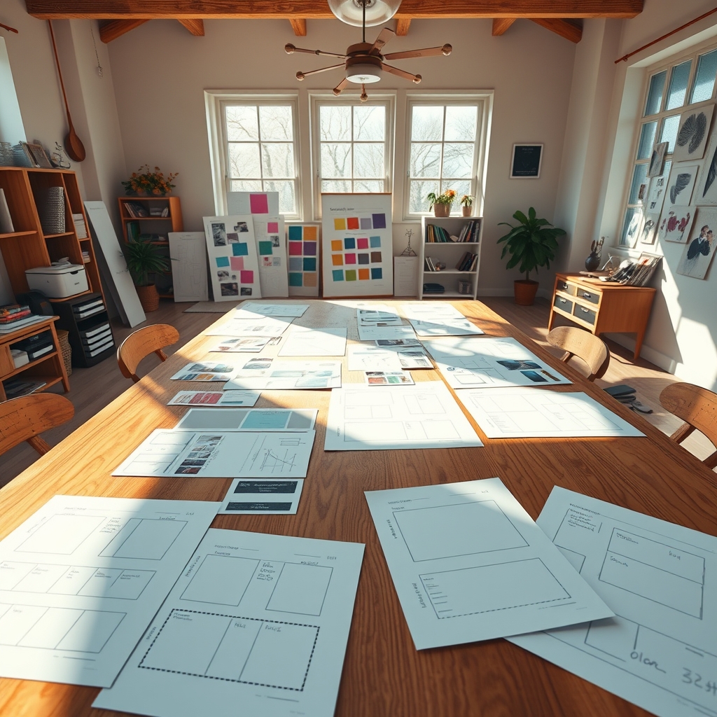 A cozy, sunlit studio with mood boards, color swatches, and wireframe sketches spread on a large wooden table, symbolizing the beginning of a creative project.