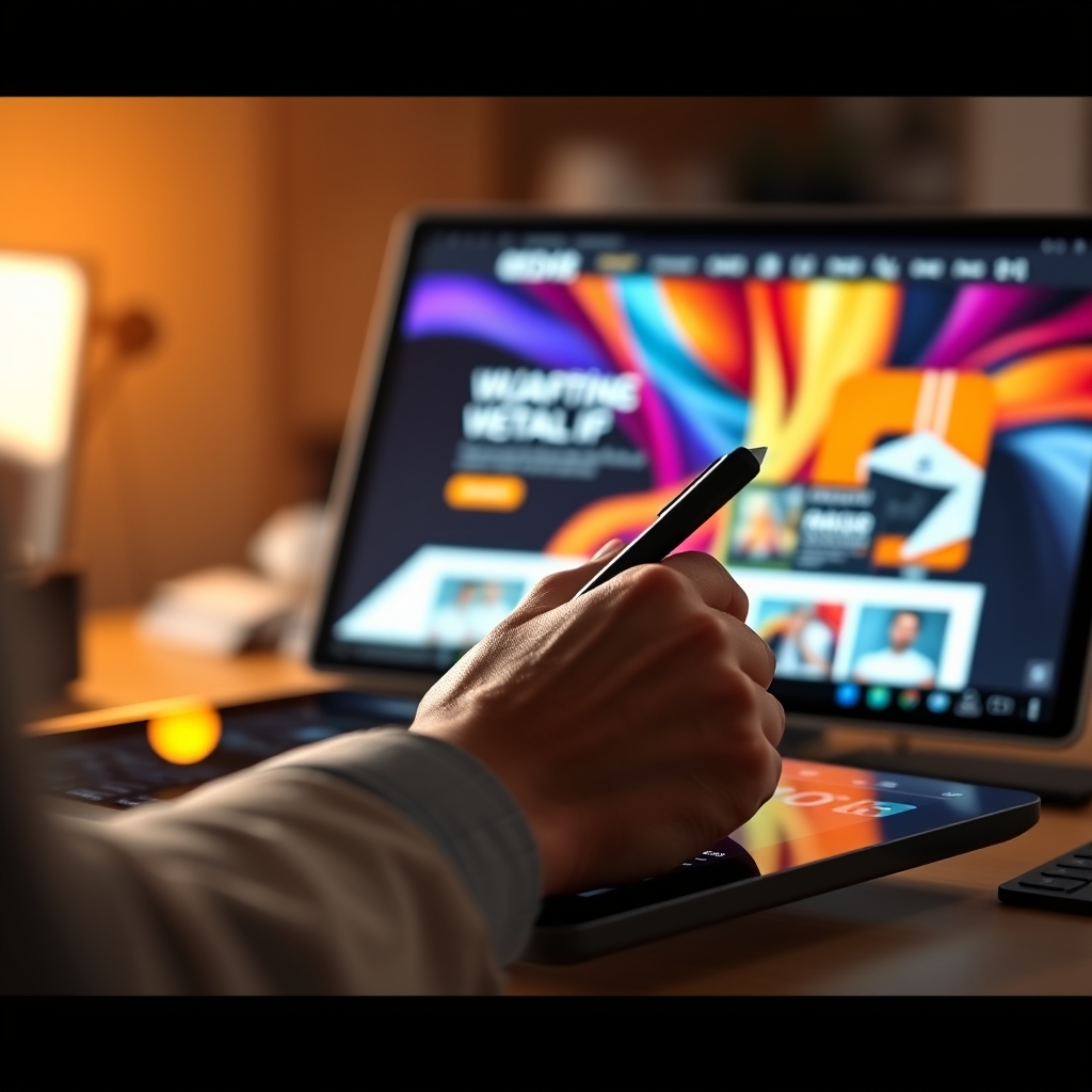 A close-up of a designer's hand using a stylus on a graphics tablet, with a vibrant, modern website interface coming to life on the screen beside it.