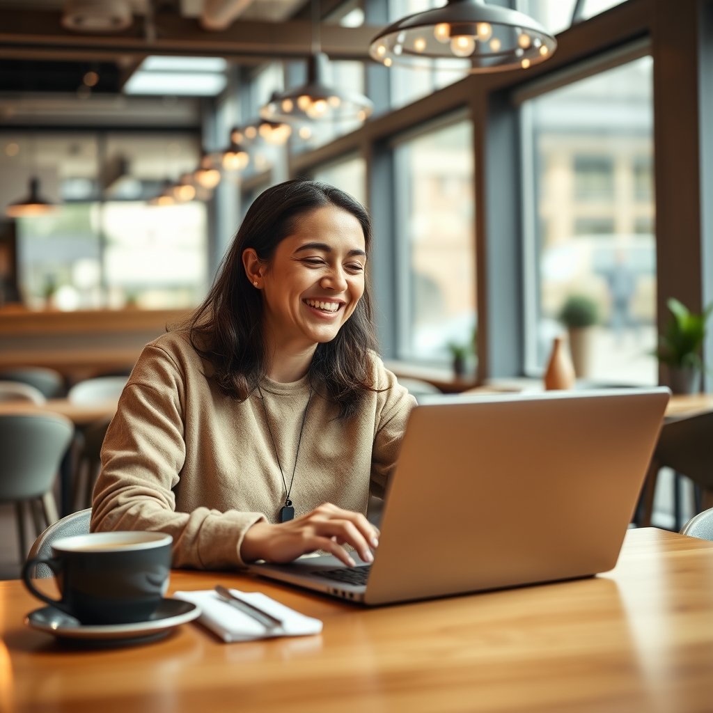 A joyful person viewing the newly launched website on a laptop in a bright, modern cafe, with a smile of satisfaction and a cup of coffee nearby.