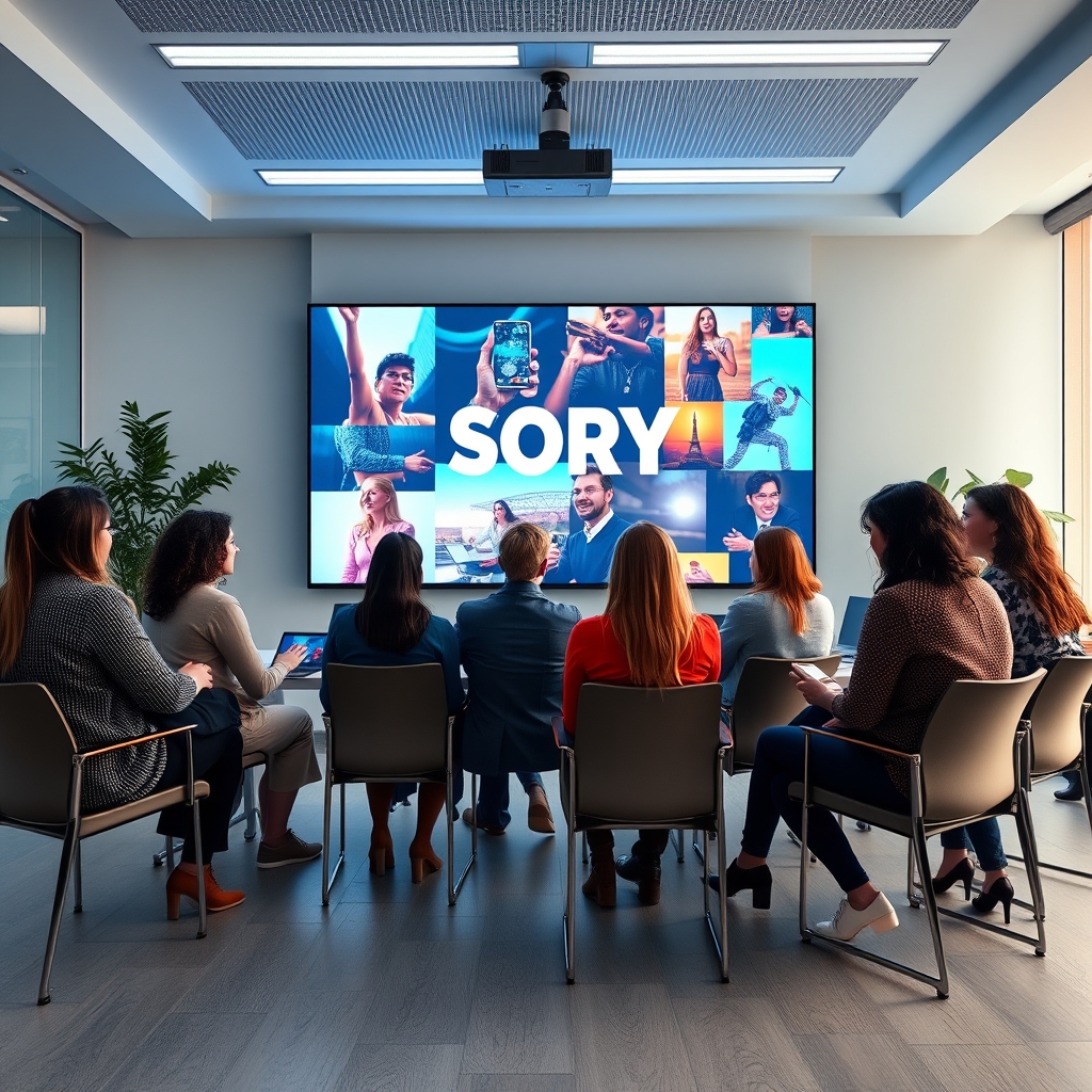 A modern, minimalist office space where a diverse team is collaboratively viewing a vibrant brand story unfold on a large digital screen, filled with warm and inviting visuals.