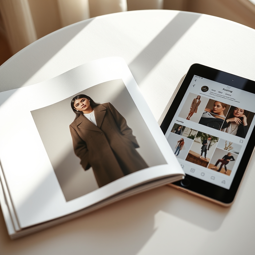 A close-up of elegant brand materials: a tactile, beautifully printed lookbook next to a sleek tablet showing a cohesive Instagram feed, with natural morning light streaming in.