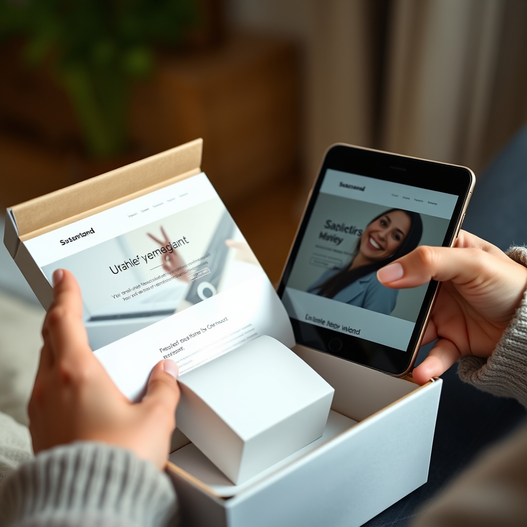 A customer's hands unboxing a product with elegant, sustainable packaging, a smile reflected in the polished surface of a device showing the company's website.