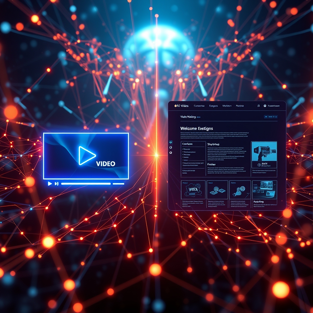 An abstract visualization of AI neural networks connecting a glowing video player on one side and a modular website layout on the other, with light pulses traveling between them.