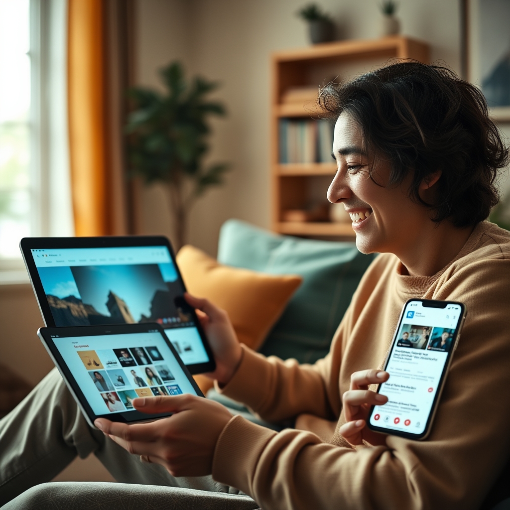 A person smiling while seamlessly interacting with a multi-device environment: a tablet showing a video, a laptop with a personalized website, and a smartphone displaying AI-generated recommendations, all in a cozy, modern living space.