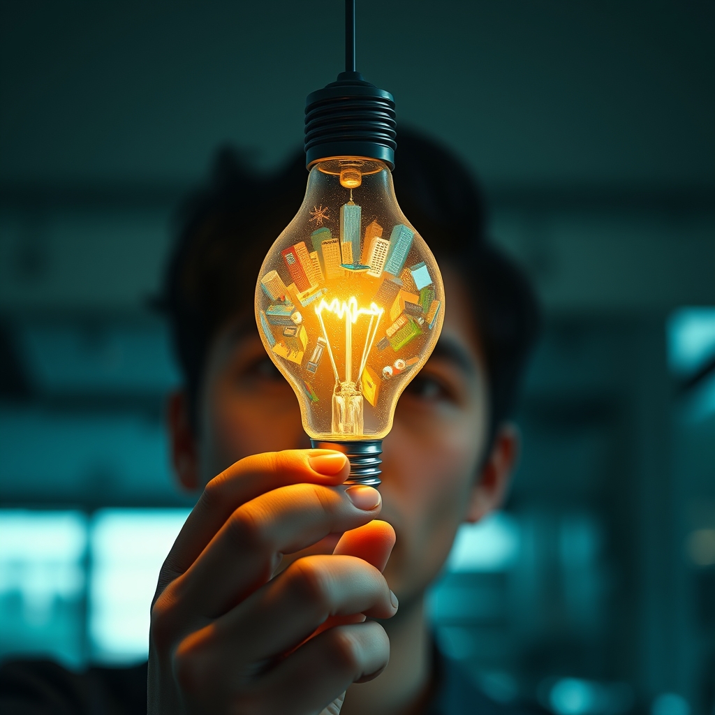 A person looking at a glowing lightbulb filled with tiny, vibrant cityscapes and business scenes, symbolizing an idea coming to life.