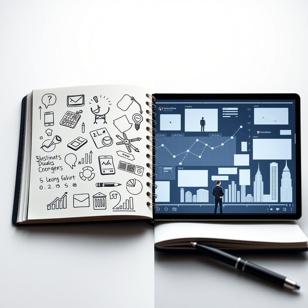 A split-screen showing a sketchbook with business doodles on one side, transforming into a sleek, animated video sequence on the other side.