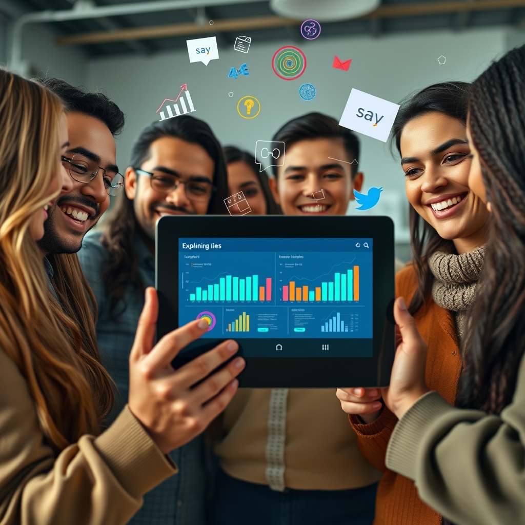 A diverse group of people smiling and looking at a tablet showing an engaging explainer video, with colorful graphs and icons floating around them.