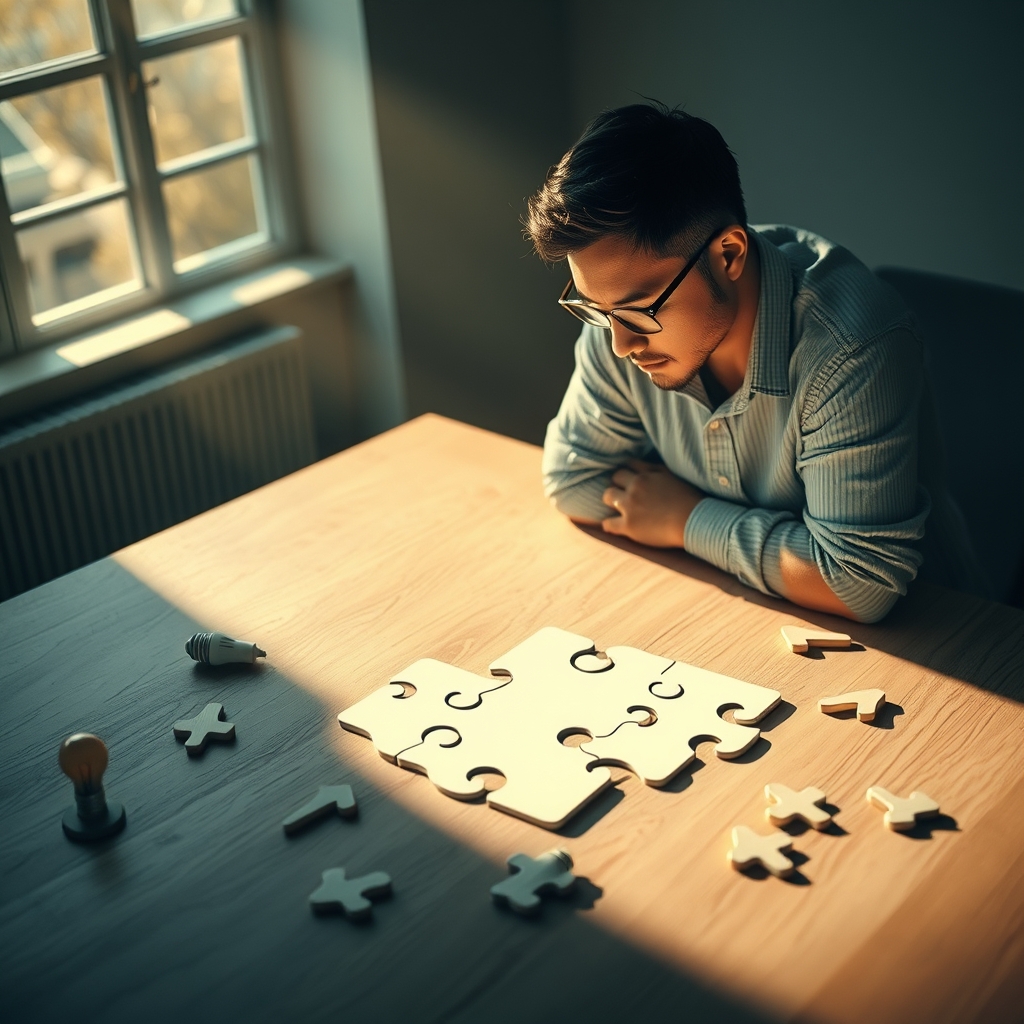 A person looking thoughtfully at a puzzle piece shaped like a website icon on a large table, with other pieces like lightbulbs and arrows scattered around, soft morning light streaming in.