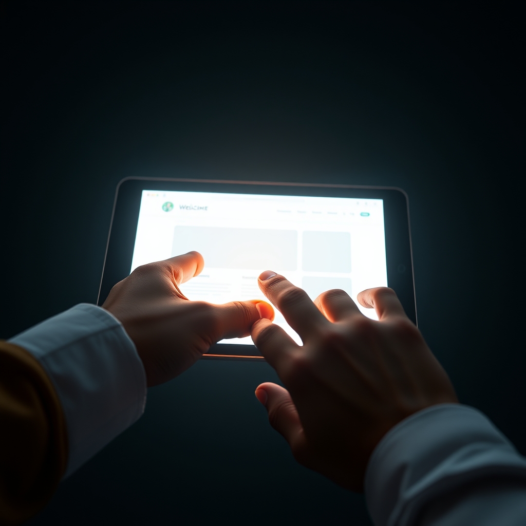 Two hands, one from a business owner and one from a customer, meeting over a glowing, minimalist website interface on a tablet screen, symbolizing connection.
