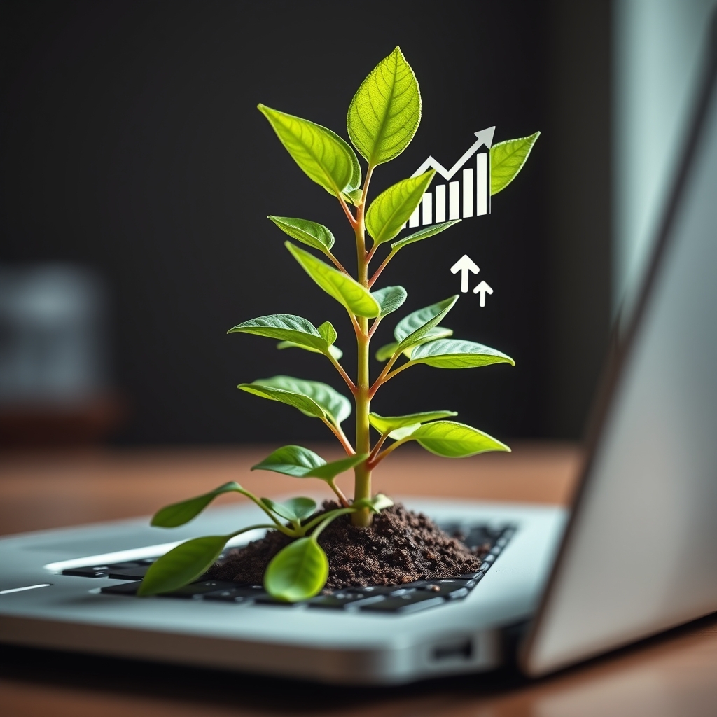 A thriving plant growing out of a laptop, with leaves shaped like upward trending graphs and engagement icons, representing growth after a website launch.
