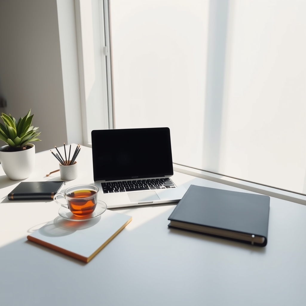 A minimalist desk with a single laptop, a notebook, and a cup of tea, sunlight streaming through a clean window.