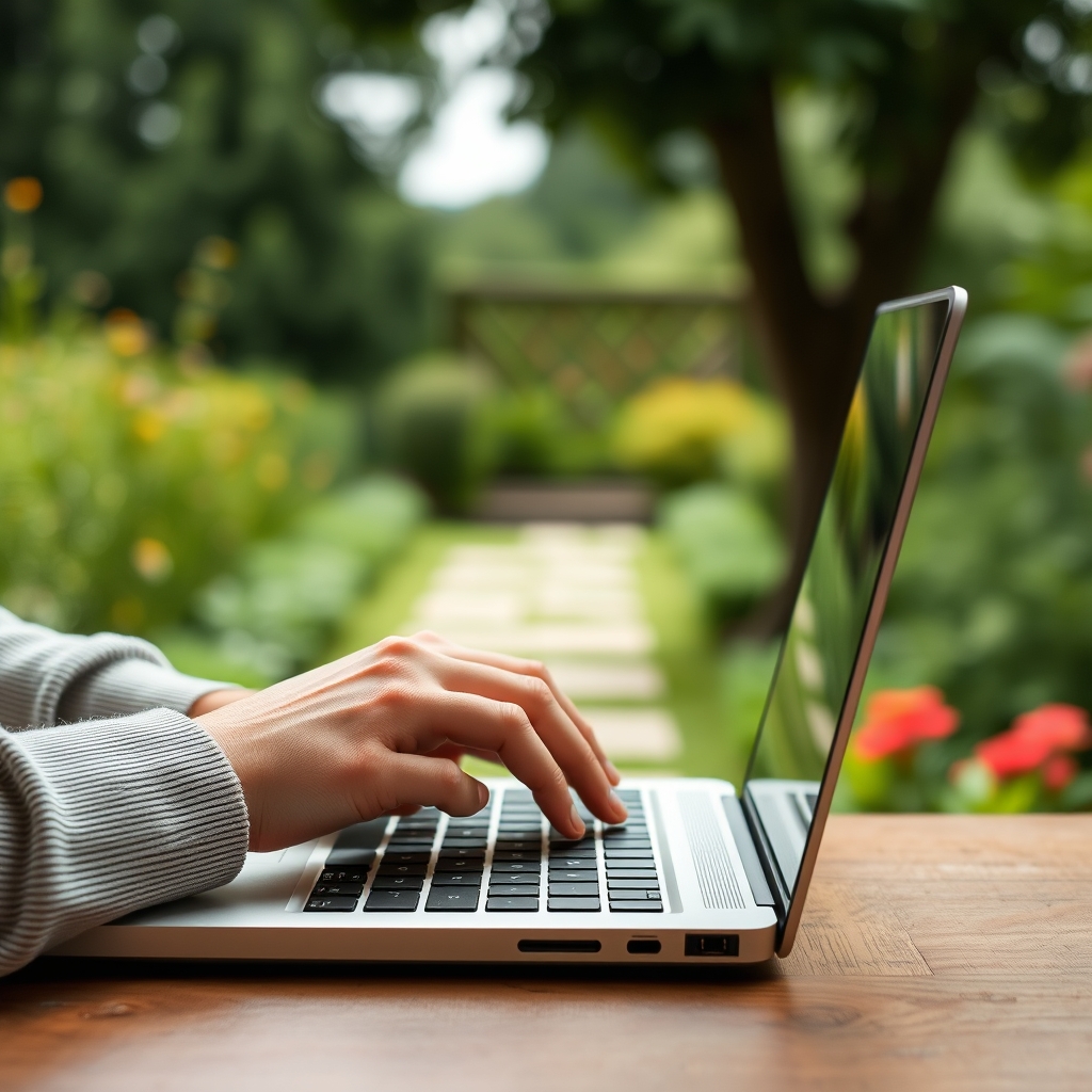 A person's hands gently closing a laptop, with a serene, blurry natural background of a garden in focus.