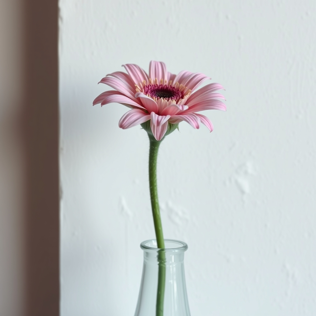 A close-up of a single, fresh flower in a simple glass vase against a plain, textured wall, conveying peace and focus.