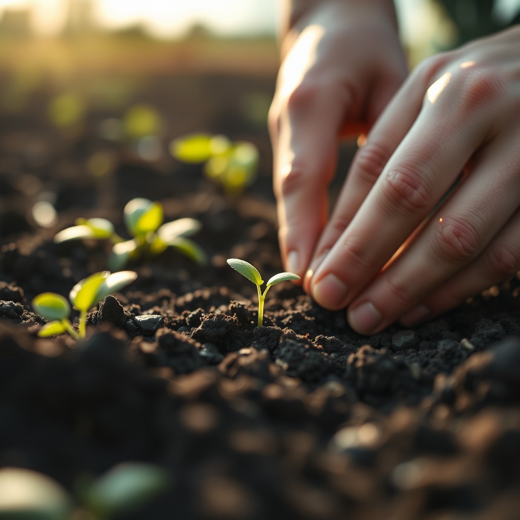 A close-up of hands carefully planting a single, tiny seed into rich, dark soil, with soft morning light filtering through.