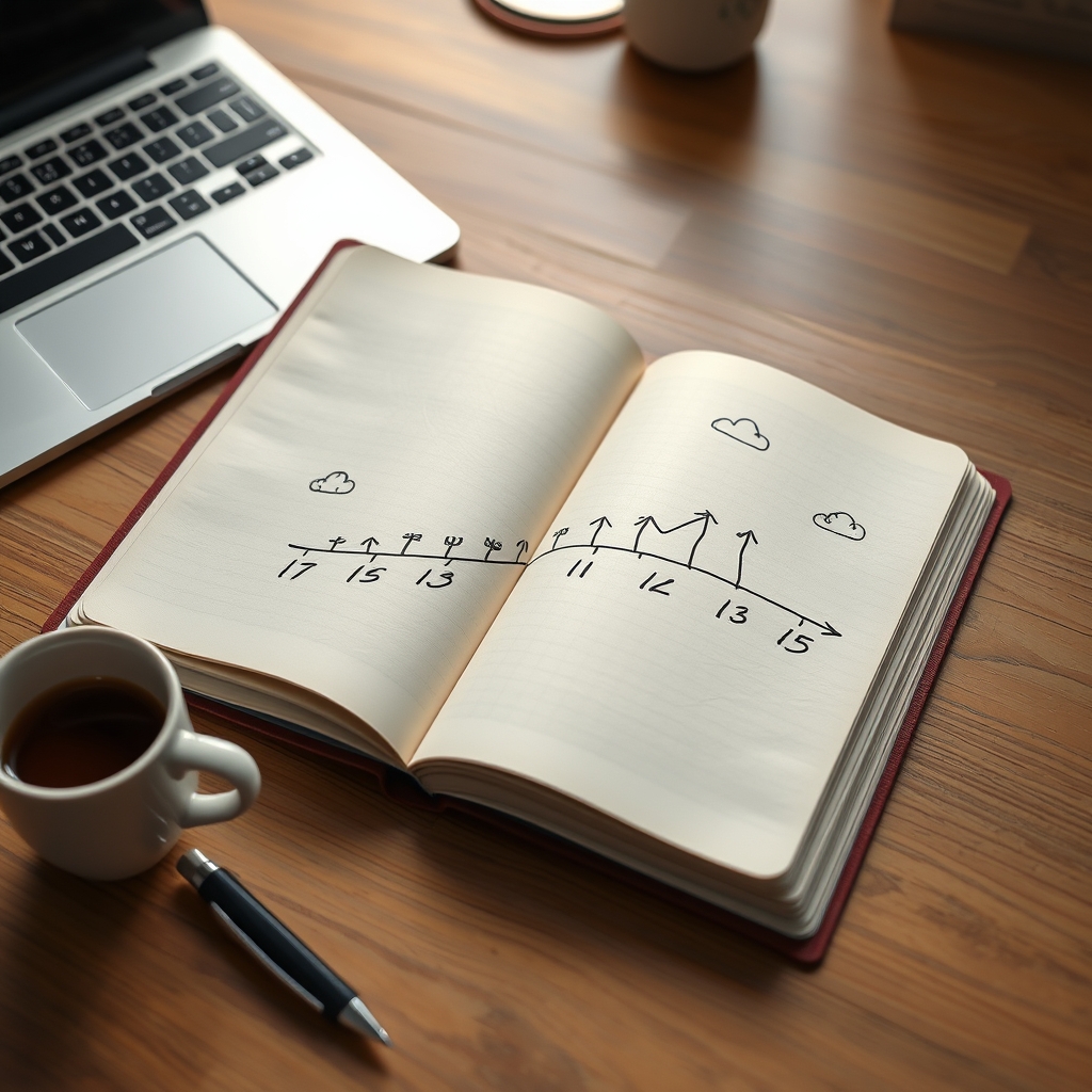 A minimalist desk with a notebook open to a page filled with small, colorful idea sketches and a single cup of coffee, viewed from above.